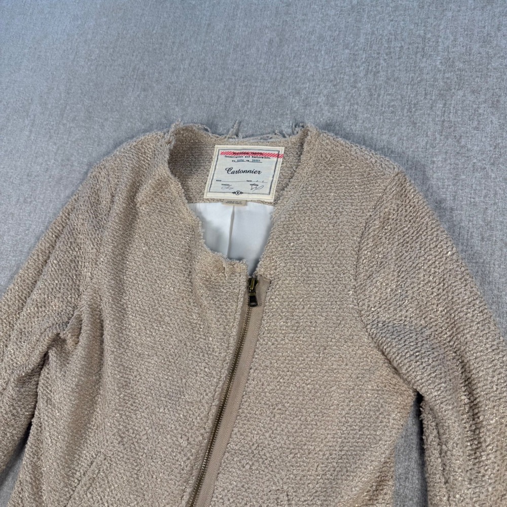 Anthropologie Cartonnier Jacket Women M Tan Asymmetrical Zip Bouclé Textured